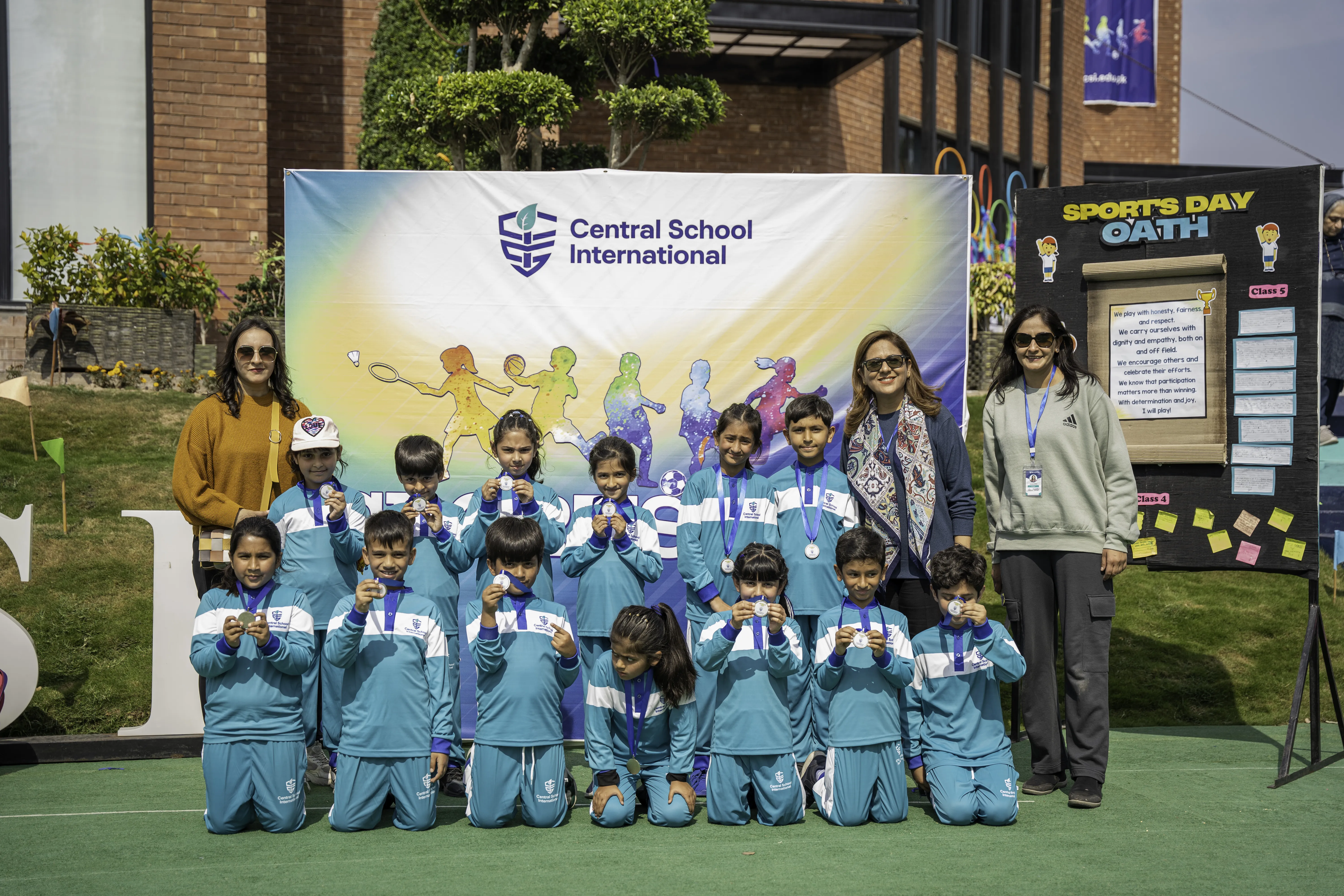 CSI students and teachers celebrating achievement at Sports Day